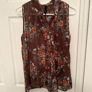 Bellatrix Brown Sleeveless Floral Tie-Neck Blouse